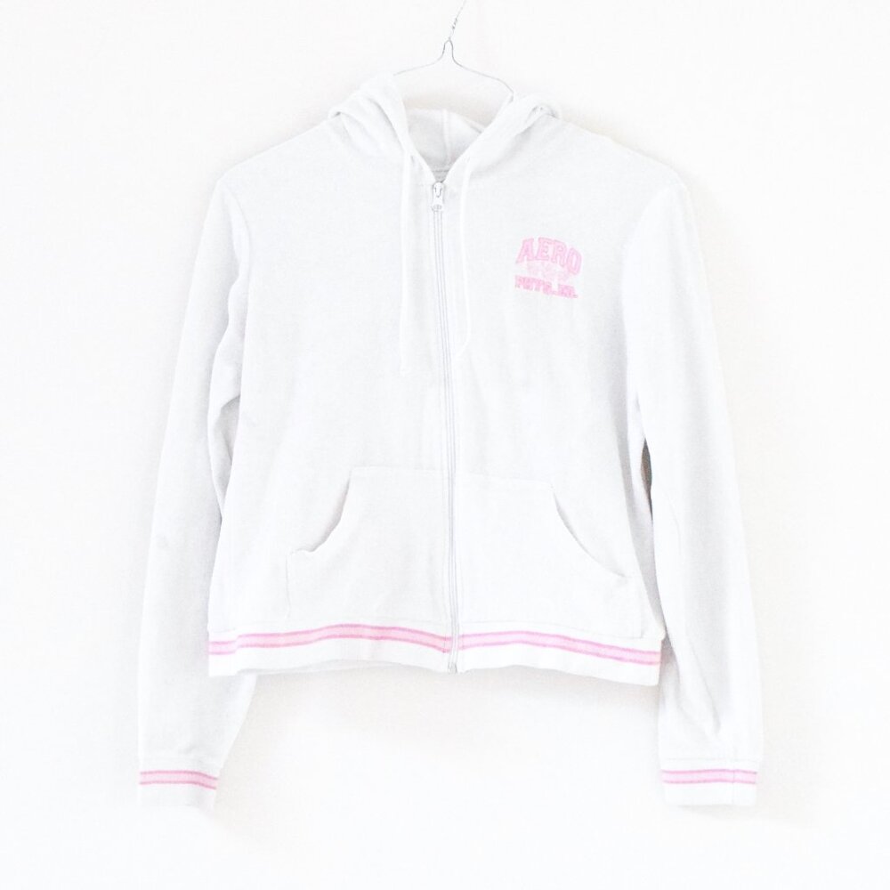 AEROPOSTALE White Terrycloth Zip Up Hooded Sweater | Size M